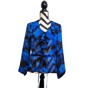Caché Sheer Dark Floral Ruffle Career Sz S Button Down Front Blouse